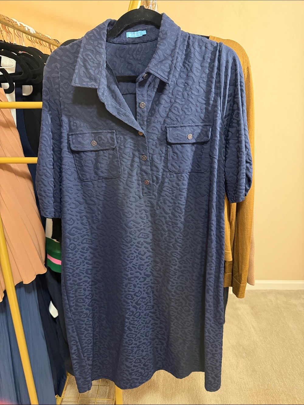 Blue Textured Polo Midi Dress with Chest Pockets
